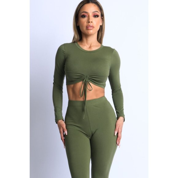 Women Stylish Tie Front Long Sleeve Crew Neck Top and Matching Ruched Pants Sets - Picture 4 of 11